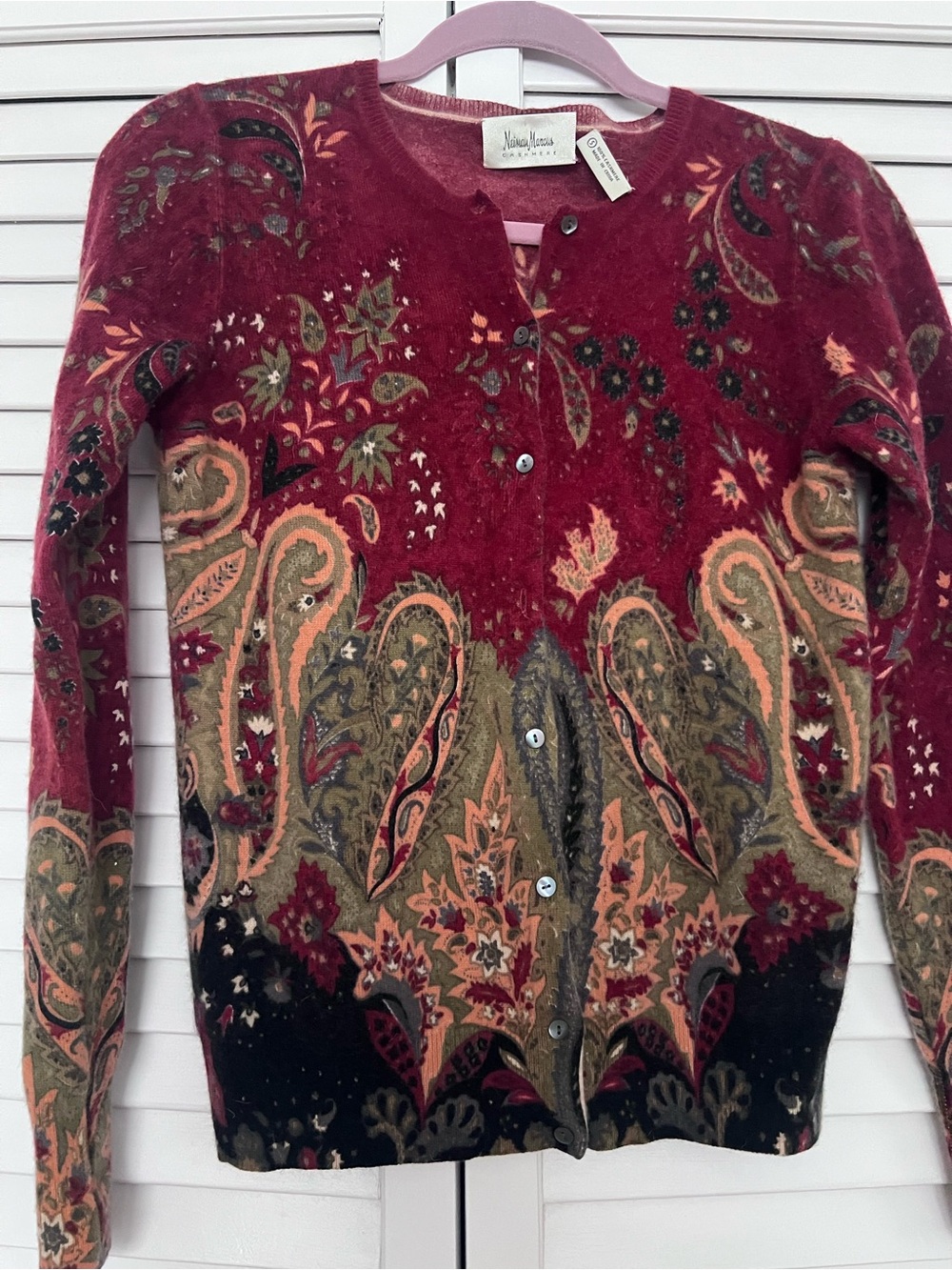 Neiman Marcus Paisley-Print Red Cardigan Sweater M